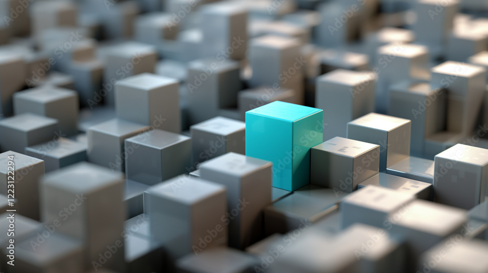 Blue cube standing out among grey cubes, symbolizing uniqueness and individuality. Blue cube standing out among grey cubes, symbolizing uniqueness and individuality.