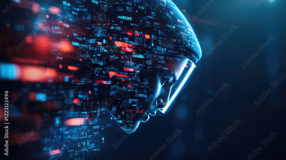 Obraz premium Futuristic digital face displaying data streams virtual environment digital art sci-fi concept