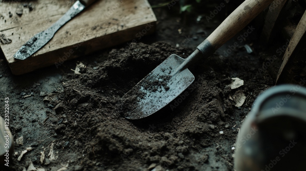 Rustic garden tool and fresh soil Rustic garden tool and fresh soil