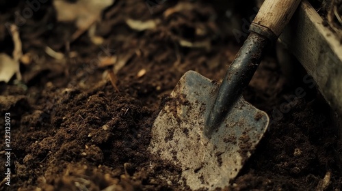 Rustic garden tool and fresh soil