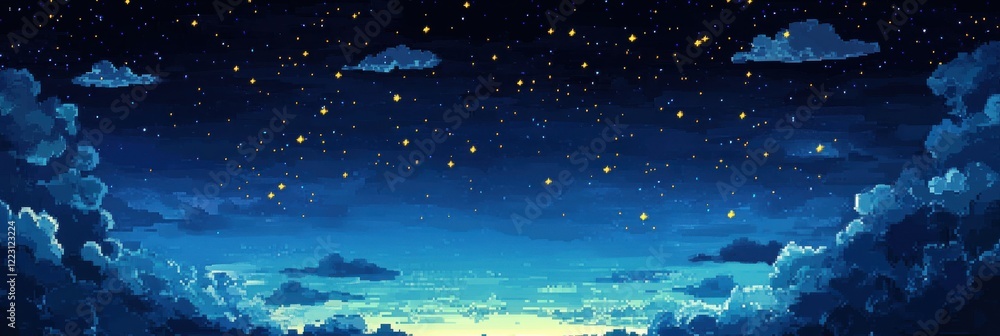 Fototapeta premium Pixel art night sky with stars and clouds in a digital horizon concept