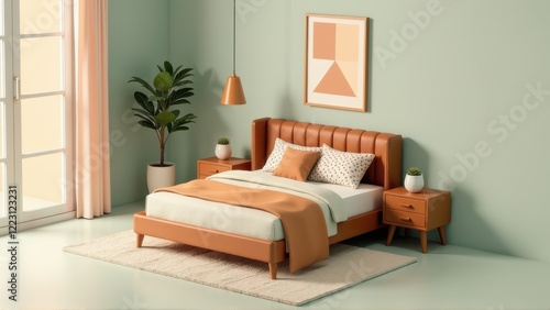 Modern Bedroom Interior Design with Orange Leather Bed  Minimalist Decor  and Sage Green Walls