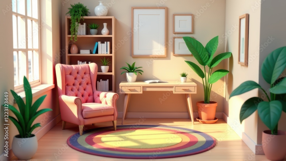 Obraz premium Cozy Home Office Interior Design with Pink Armchair and Plants