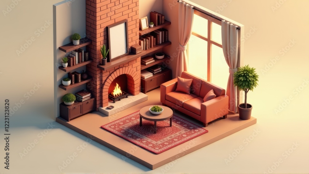Obraz premium Cozy Living Room with Fireplace and Bookshelves - Isometric 3D Render