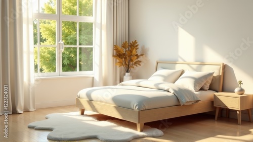 Sunny Bedroom Interior Design Minimalist Light Wood Bed and White Bedding