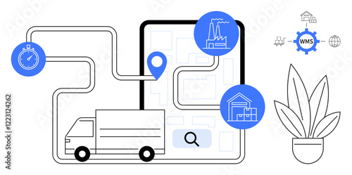 Delivery truck navigating supply chain route on digital map, stopwatch, factory, warehouse icons. Ideal for logistics, shipping, warehouse management, efficiency, technology supply chain