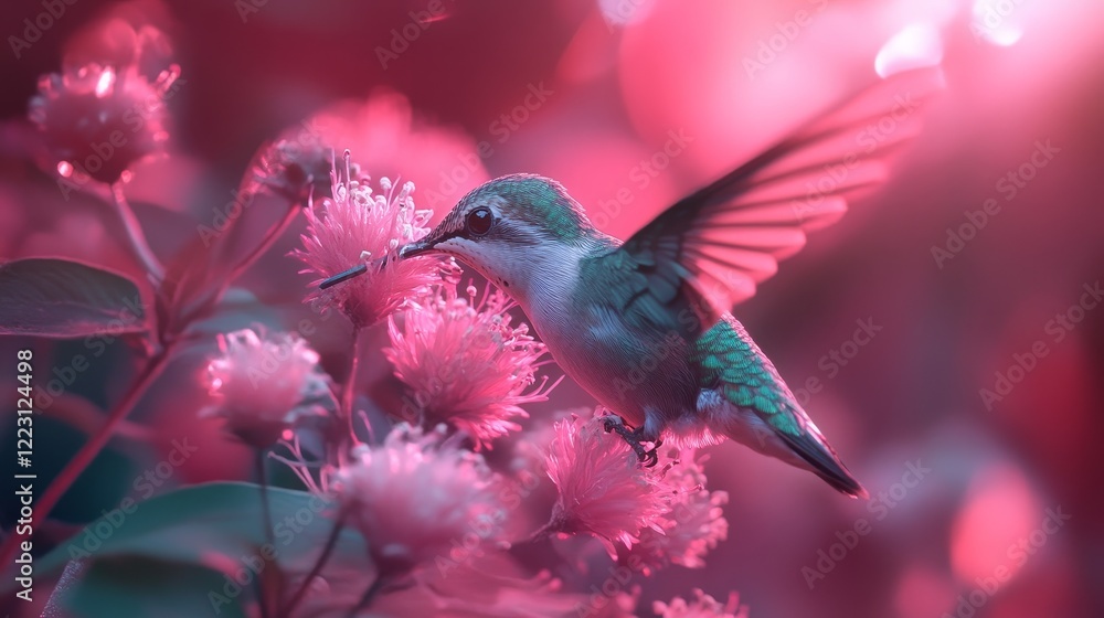 Hummingbird sipping nectar from pink flower Hummingbird sipping nectar from pink flower