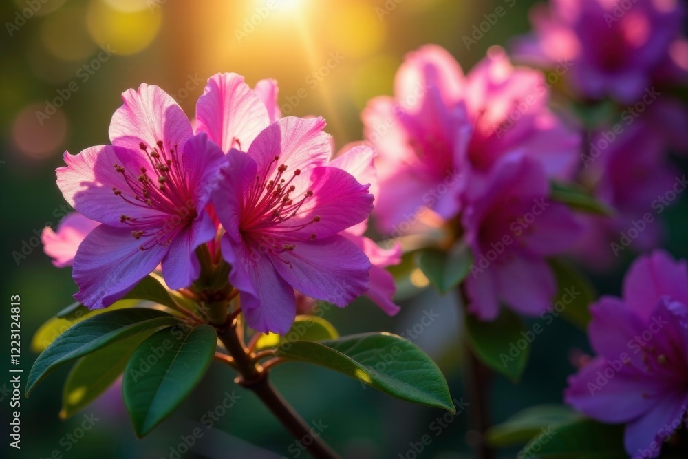 Purple rhododendron with warm sunlight and shadows, blossoms, flowers, spring Purple rhododendron with warm sunlight and shadows, blossoms, flowers, spring