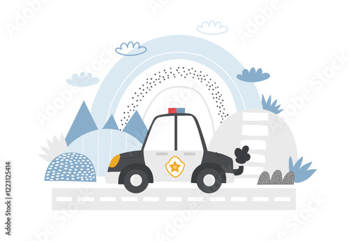 Vector illustration of a cute police patrol car, road, mountains and rainbow. Transportation for kids. Police station. Emergency. Police illustration for children. Cute emergency vehicle. Patrol car.