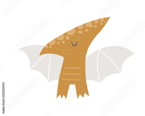 Vector illustration of cute yellow dinosaur on white background. Pterodactyl. Cute dinosaur character for kids. Poster, postcard, print. Jurassic.