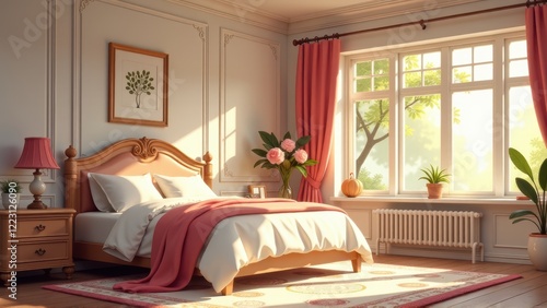 Sunny Bedroom Interior Design with Pink Accents and Large Window