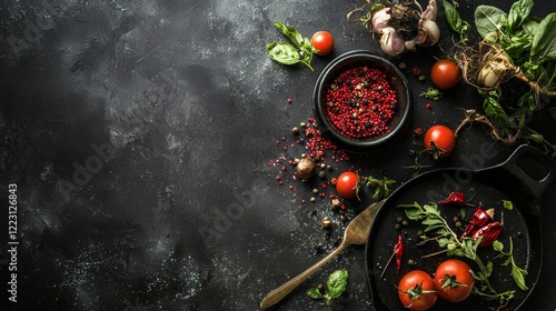 Vibrant flat lay of fresh vegetables and spices on a dark surface photo