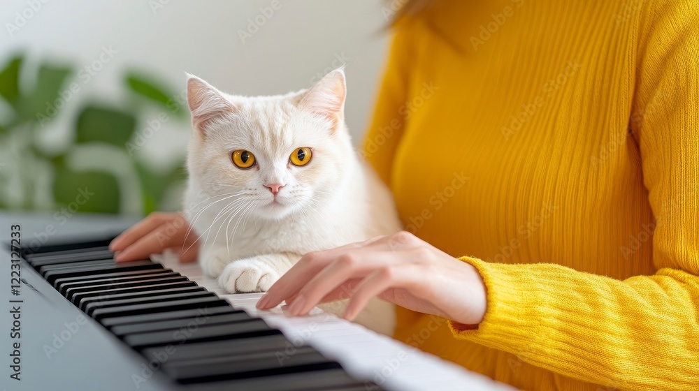 White Cat Sitting on Piano Keys While Woman Plays Music White Cat Sitting on Piano Keys While Woman Plays Music