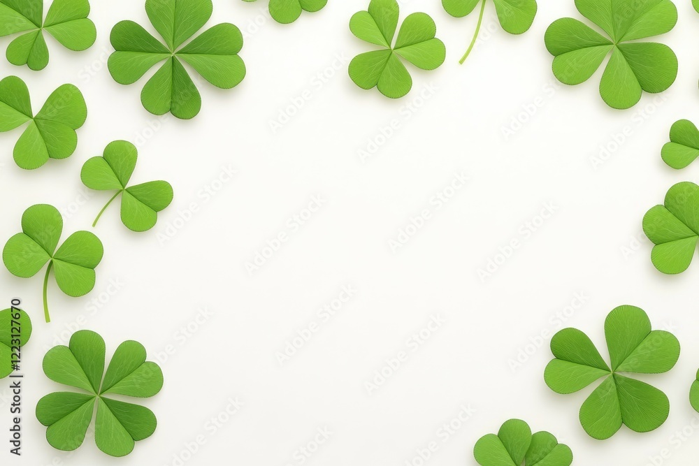 Green clover leaves arranged in a circular pattern on a white background, perfect for seasonal themes Green clover leaves arranged in a circular pattern on a white background, perfect for seasonal themes