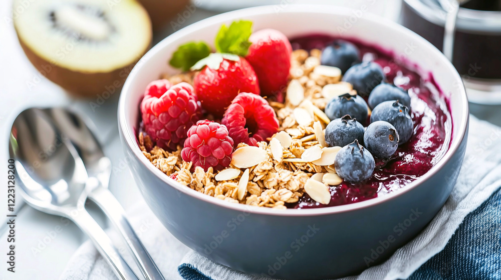 A beautifully arranged acai bowl topped with fresh berries, crunchy granola, and delicate almond flakes, styled in a rustic aesthetic. A beautifully arranged acai bowl topped with fresh berries, crunchy granola, and delicate almond flakes, styled in a rustic aesthetic.