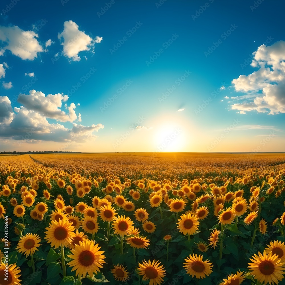 Obraz premium Vibrant Sunflower Field at Sunrise with Golden Light