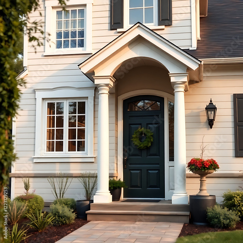 Elegant Home Exterior with Classic Porch and Landscaping. Beautiful architecture and design details. Real estate photography