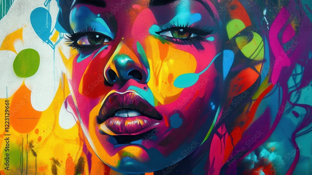 Fototapeta premium Vibrant street art portrait of young african female with bold colors