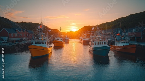 Fishing boats anchored in a serene harbor at sunset reflect the maritime traditions celebrated during Scotia Heritage Day in Nova Scotia photo