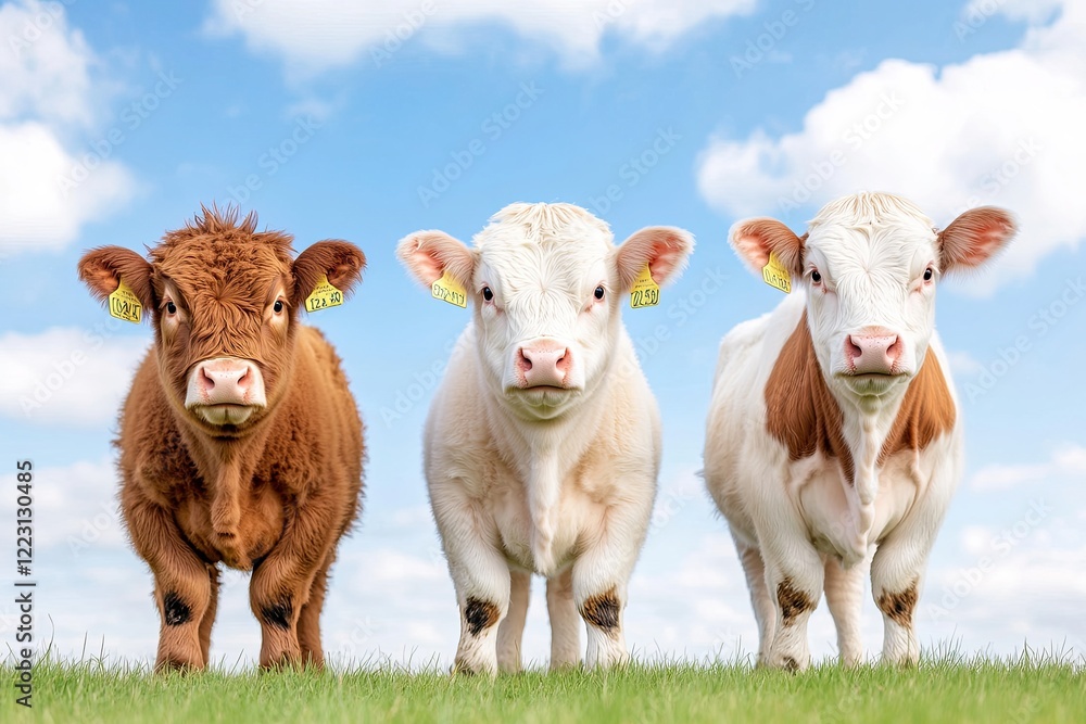 Three cows standing in a green field under a blue sky with fluffy clouds in the background