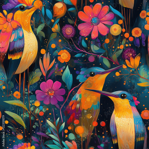 Colorful birds surrounded by vibrant flowers and foliage in a lush natural setting