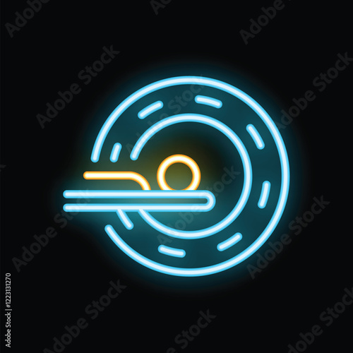 Bright glowing neon icon of a person laying down having a scan in an mri machine