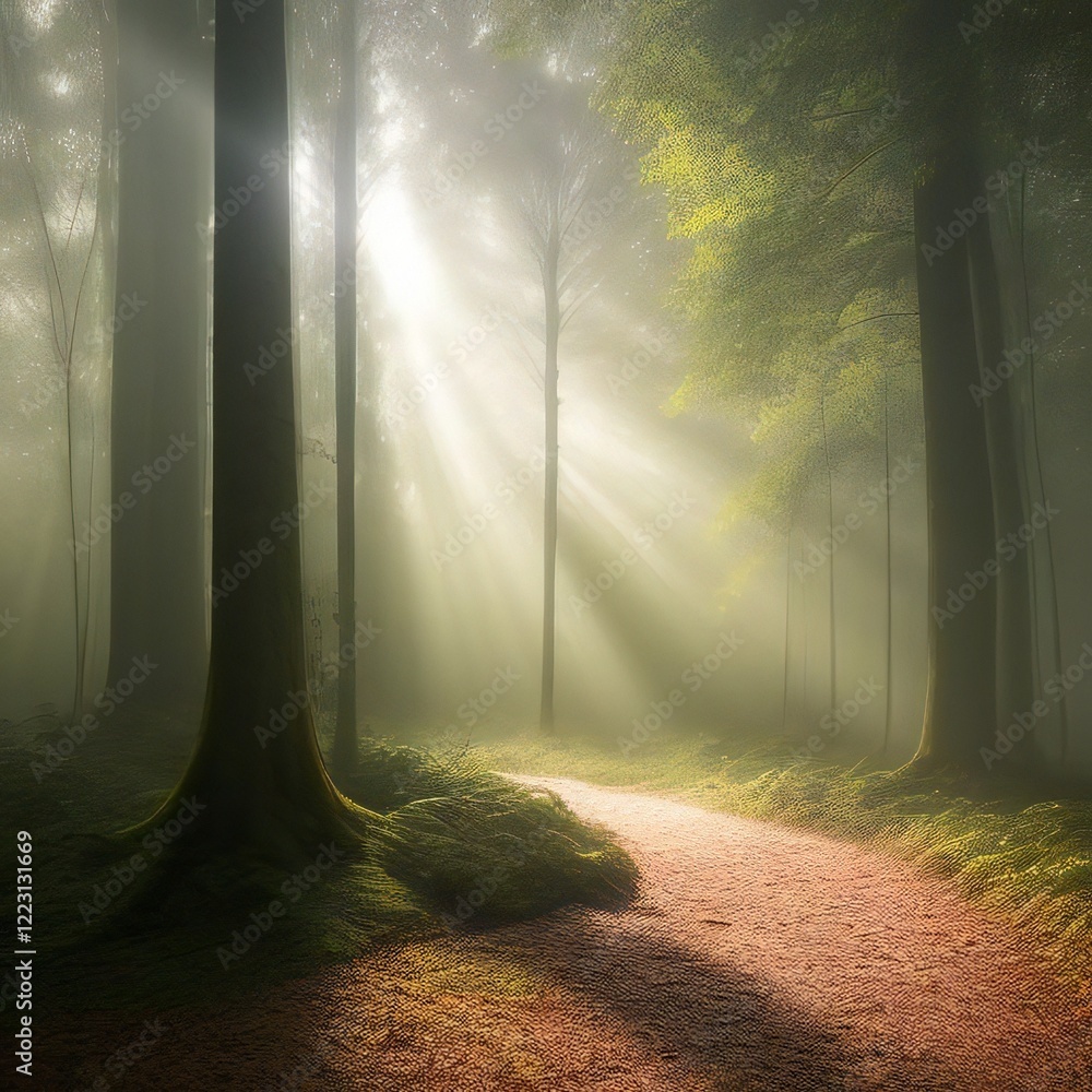 Fototapeta premium Forest, sun rays come through tree