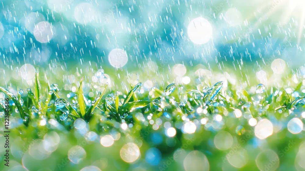 Obraz premium Rain drops on fresh green grass, sunny background, nature scene, website banner