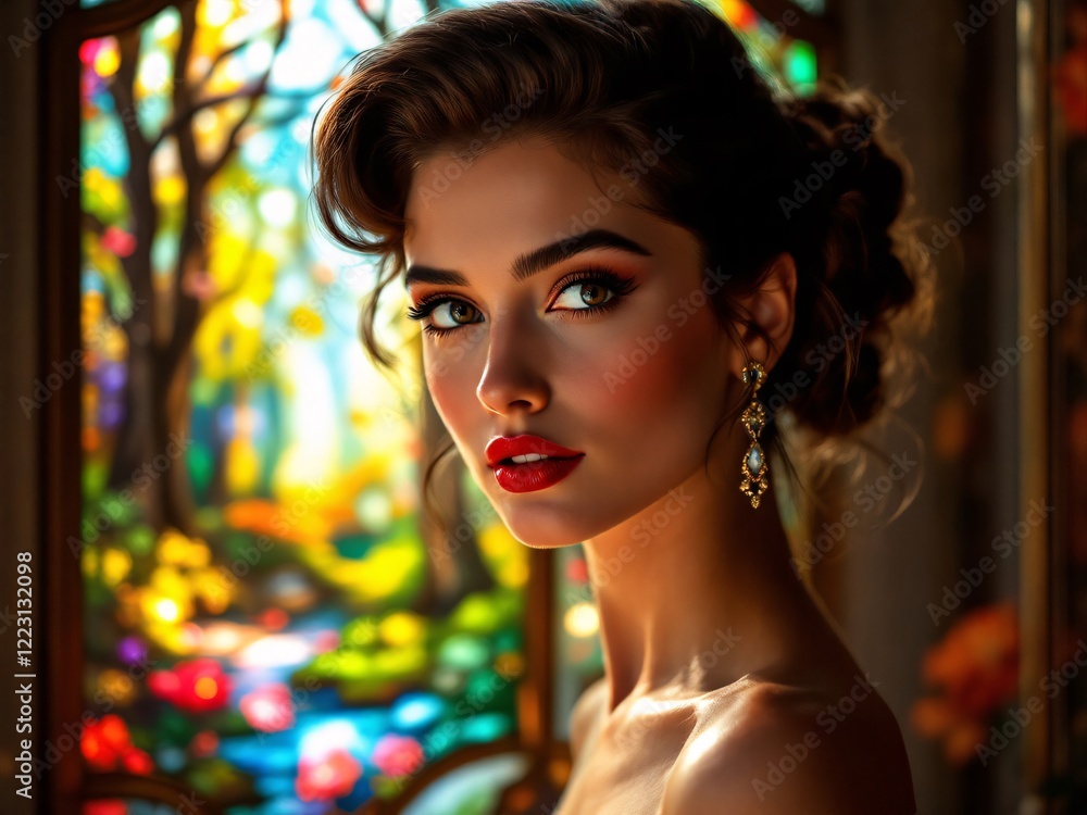 An elegant woman posing near a colorful stained glass window, exuding glamour and sophistication in a vintage setting. An elegant woman posing near a colorful stained glass window, exuding glamour and sophistication in a vintage setting.