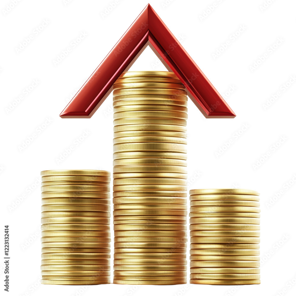 A 3D rendering shows stacks of gold coins under a red upward arrow symbolizing financial growth and increase in wealth. A 3D rendering shows stacks of gold coins under a red upward arrow symbolizing financial growth and increase in wealth.