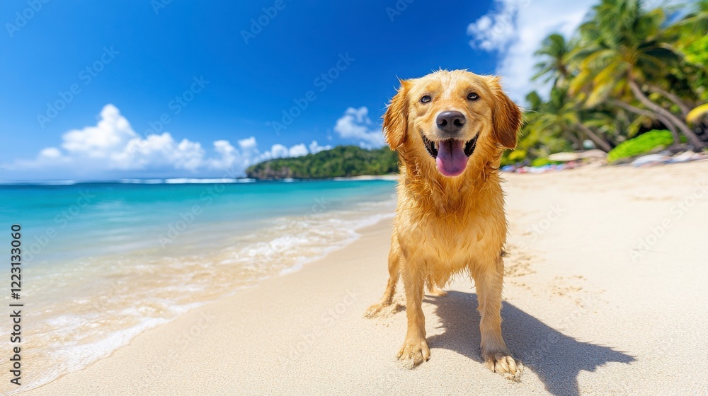 Happy Golden Retriever on Sandy Beach with Clear Blue Ocean Happy Golden Retriever on Sandy Beach with Clear Blue Ocean