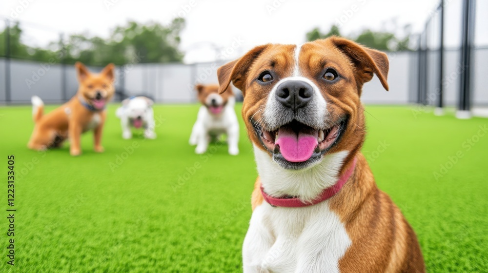 Happy Dogs Playing on Green Turf in Outdoor Park Setting Happy Dogs Playing on Green Turf in Outdoor Park Setting