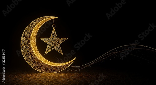 Glowing Golden Crescent Moon and Star Design for Ramadan Celebration photo