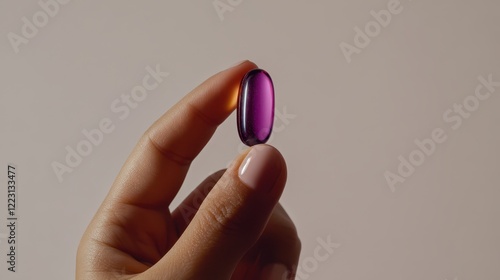 Close-Up of a Hand Gripping a Shiny Purple Pill with Soft Light Background Highlighting the Impressive Texture and Color of the Capsule photo