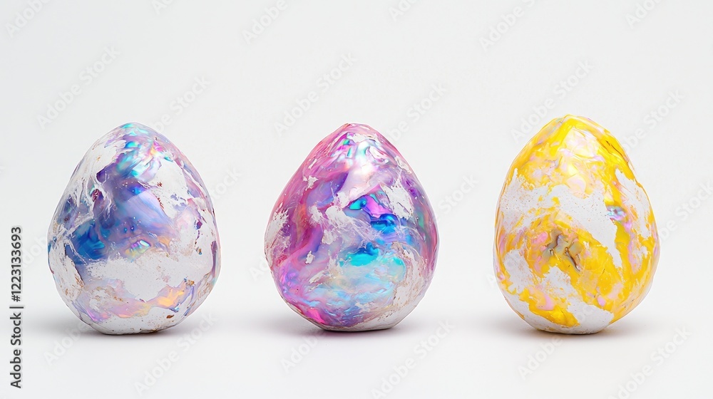Iridescent Easter eggs on white background. Holiday decoration Iridescent Easter eggs on white background. Holiday decoration