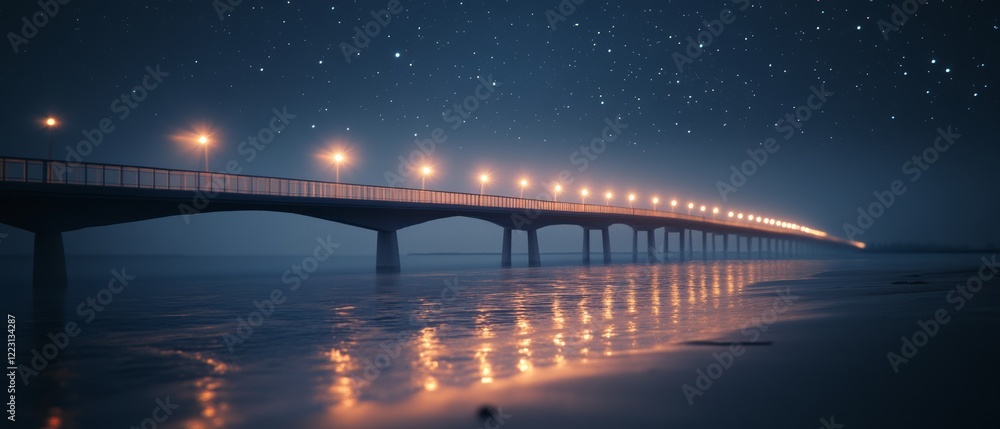 Naklejka premium A long bridge stretches towards the horizon under a starry night sky, its lights reflecting on the calm water below, creating a magical, infinite scene.