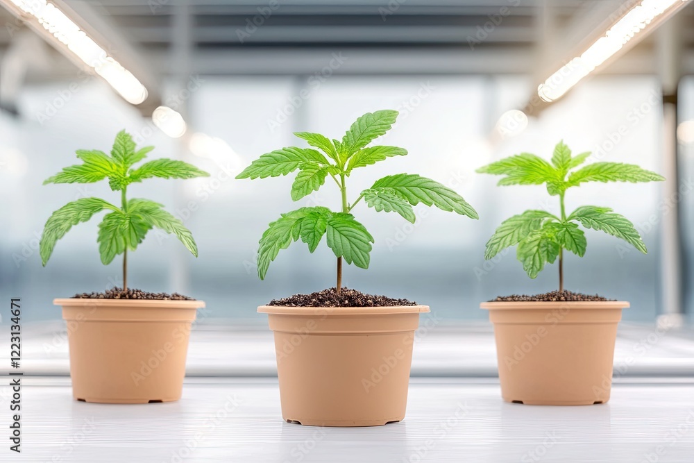 Fototapeta premium Three healthy green plants growing in pots under bright artificial lights in a modern greenhouse