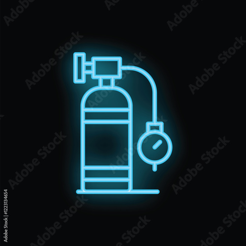 Blue neon icon of an oxygen tank glowing on a dark background