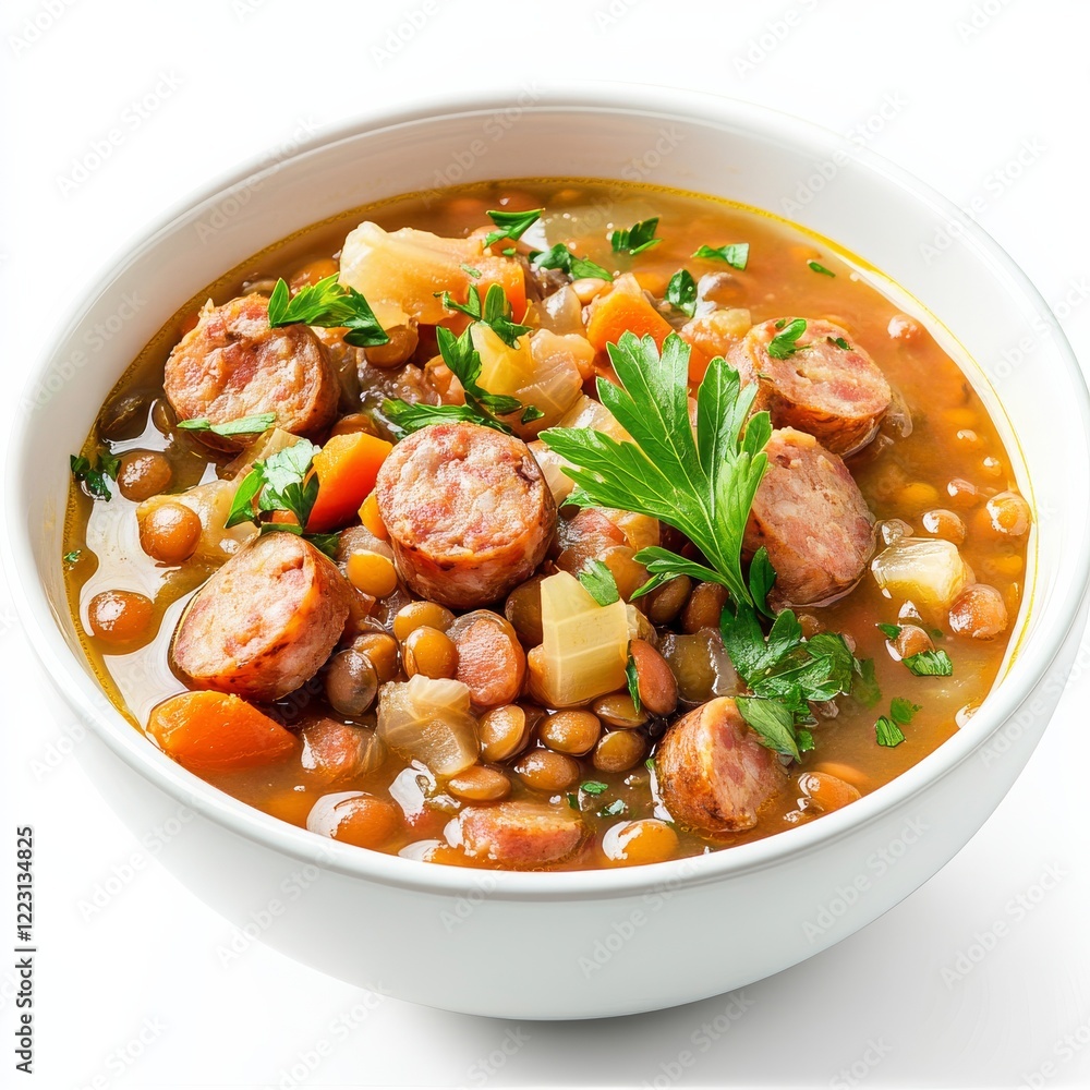 A bowl of hearty lentil soup with smoked sausage, isolated white background, minimalist art style A bowl of hearty lentil soup with smoked sausage, isolated white background, minimalist art style