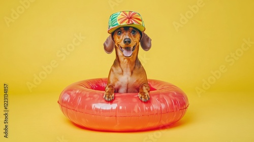 Happy dachshund in a colorful visor sits on a red inflatable ring photo