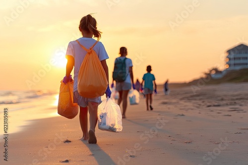 Children participating in a beach cleanup at sunset, collecting plastic waste along the shore