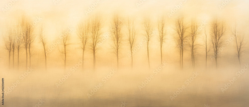 Bare trees outlined against a misty, soft golden backdrop convey simplicity and serenity in nature's bare essentials, creating a poetic scene. Bare trees outlined against a misty, soft golden backdrop convey simplicity and serenity in nature's bare essentials, creating a poetic scene.