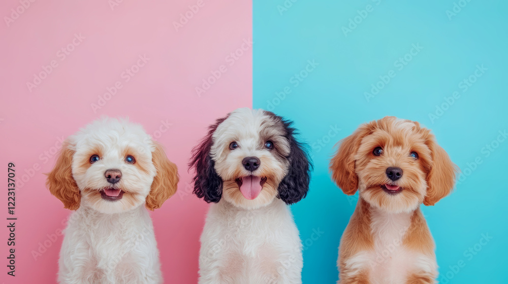 Three Adorable Puppies Posing Against a Pink and Blue Background Three Adorable Puppies Posing Against a Pink and Blue Background