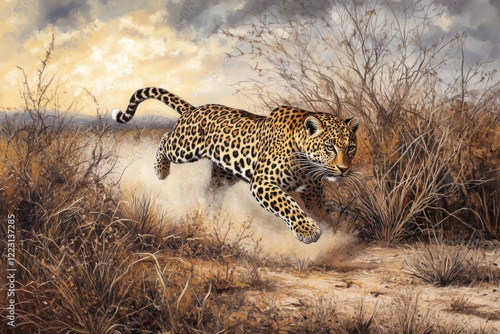 Majestic Leopard in Mid-Flight Over an Arid Landscape Captured in Stunning Detail, Showcasing Powerful Movement and Natural Beauty in a Dynamic Wildlife Scene Majestic Leopard in Mid-Flight Over an Arid Landscape Captured in Stunning Detail, Showcasing Powerful Movement and Natural Beauty in a Dynamic Wildlife Scene