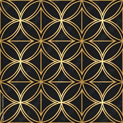 Geometric repeating pattern, gold lines on black background, symmetrical design, interlocking shapes creating a complex tessellation. Abstract, modern style, clean lines, precise detail, 
