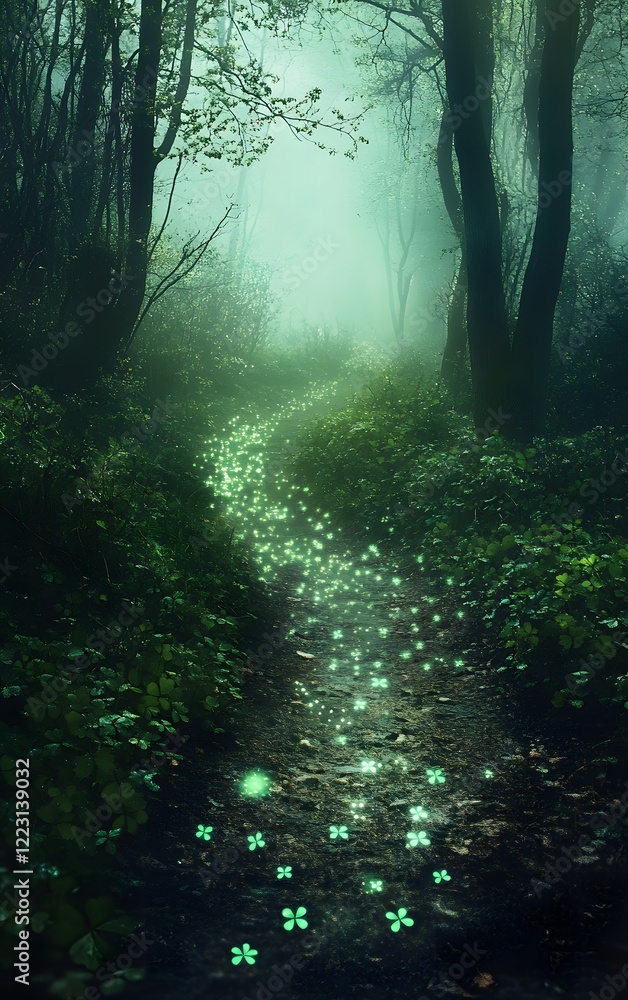 Fototapeta premium A serene, misty forest on St. Patrick's Day, with tiny glowing shamrocks floating in the air, casting an enchanting green glow over the path