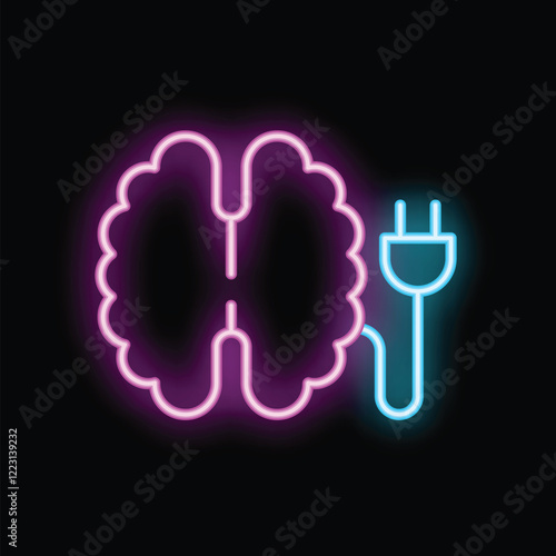 Neon brain is being connected to a power supply, illustrating the concept of brainstorming