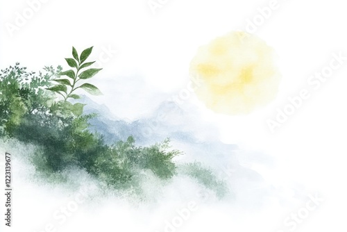 Serene watercolor landscape featuring lush greenery and a bright sun in a tranquil setting