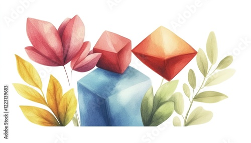 Vibrant geometric shapes surrounded by colorful leaves and flowers in a soft, artistic composition