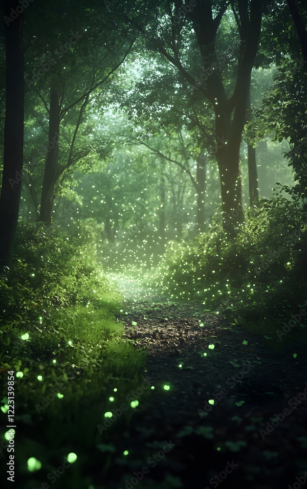 Fototapeta premium A serene, misty forest on St. Patrick's Day, with tiny glowing shamrocks floating in the air, casting an enchanting green glow over the path